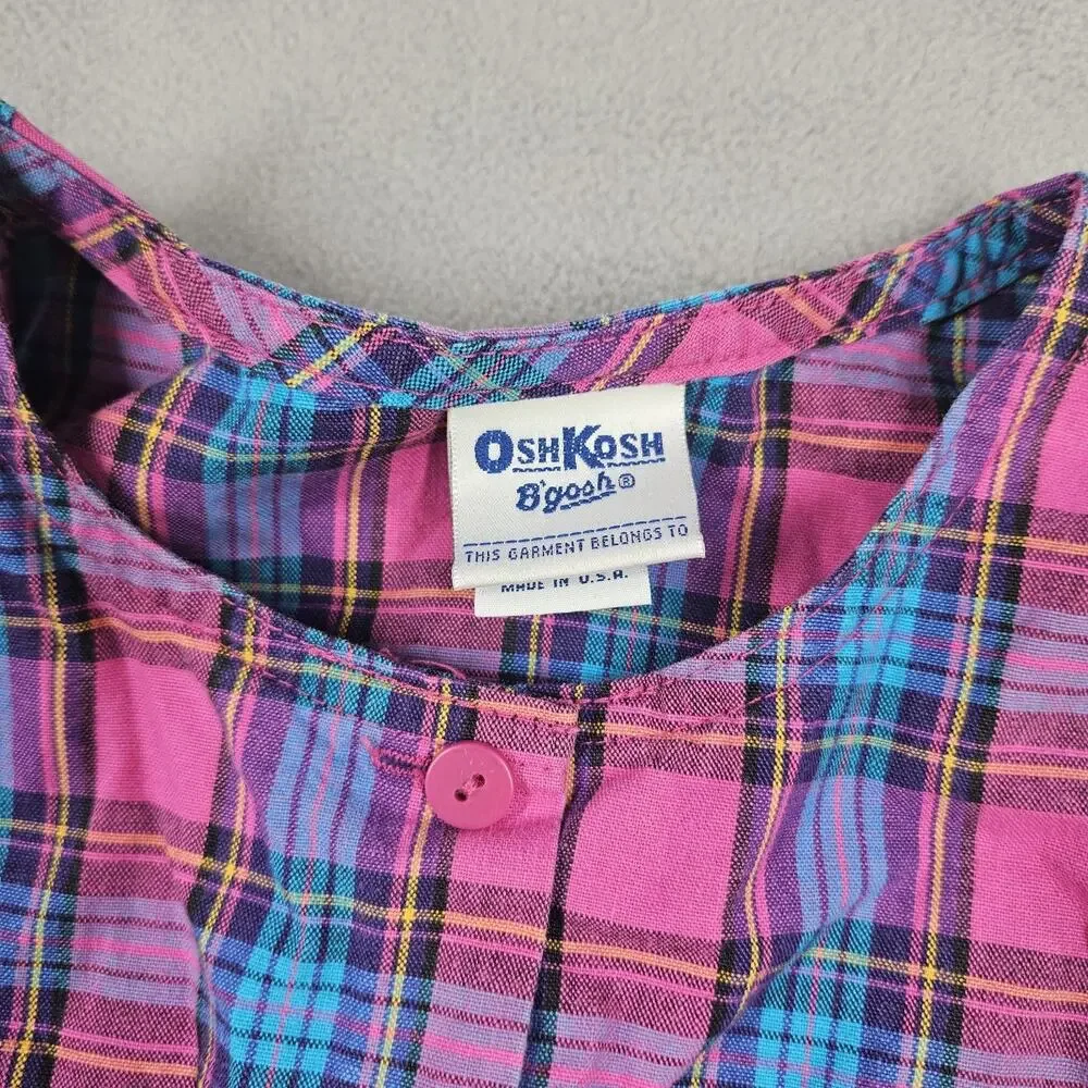 Vintage Oshkosh B’Gosh Dress Girls Size 4 Blue Pink Plaid USA Made 90s Summer